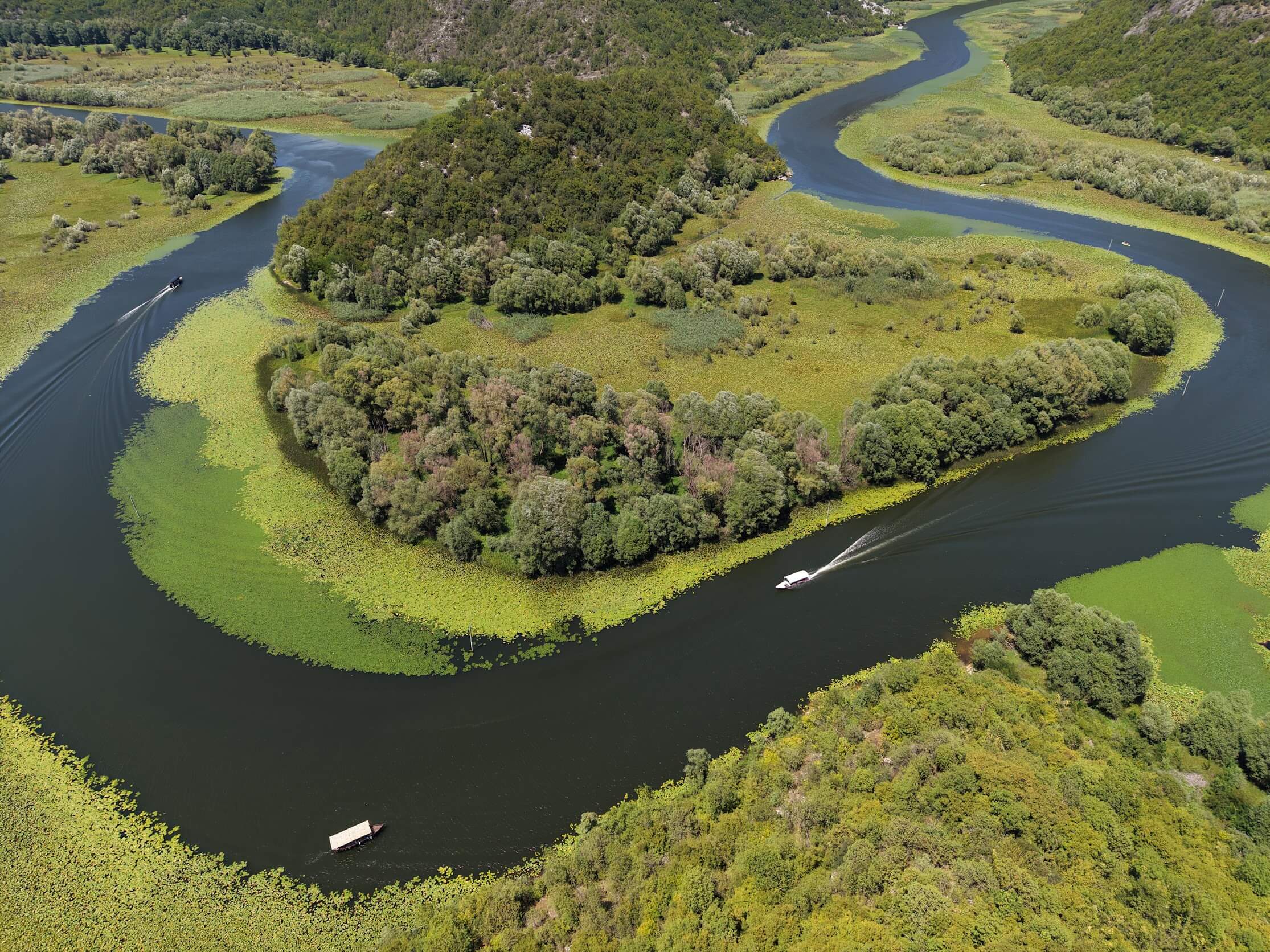 Aerial view of the winding Rijeka Crnojevica river bends flowing toward Lake Skadar