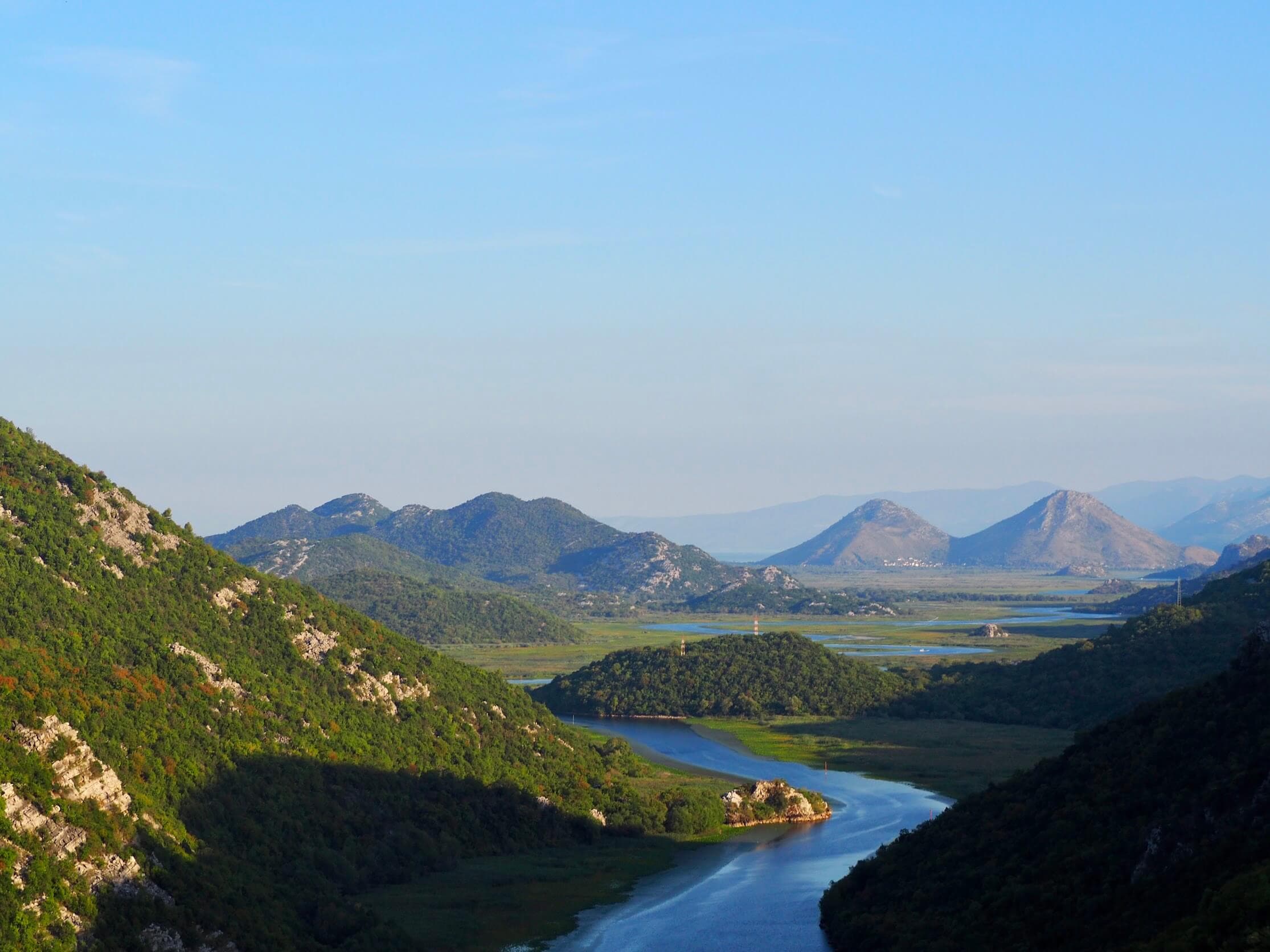 Forested hillside mirrored in the calm water of Lake Skadar, Montenegro
